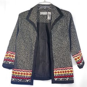 Black, White and Multicolor Print, Open Front Cotton Jacket With Black Banding